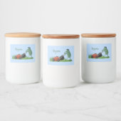 Funny green frog mowing grawn cartoon voedselcontainer etiket (Flessen)