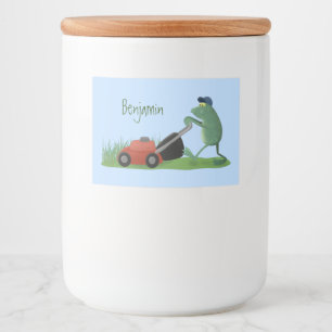 Funny green frog mowing grawn cartoon voedselcontainer etiket