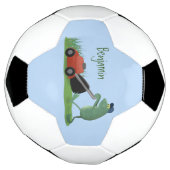 Funny green frog mowing grawn cartoon voetbal (Gedraaid)