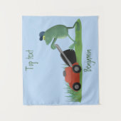 Funny green frog mowing grawn cartoon wandkleed (Voorkant)