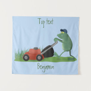 Funny green frog mowing grawn cartoon wandkleed