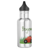 Funny green frog mowing grawn cartoon waterfles (Links)