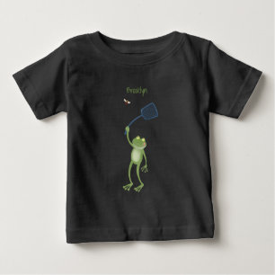 Funny green frog swatting fly cartoon
