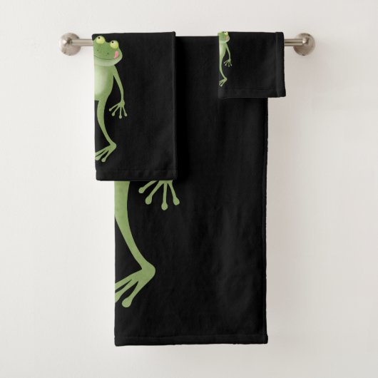 Funny green frog swatting fly cartoon bad handdoek (Insitu)