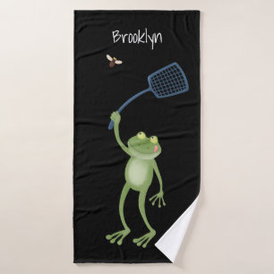 Funny green frog swatting fly cartoon bad handdoek