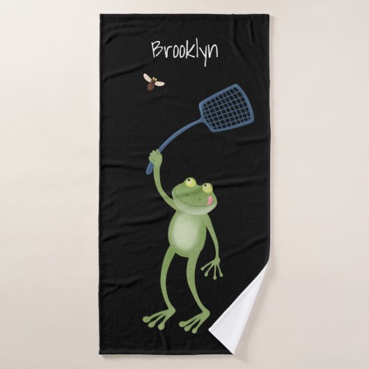Funny green frog swatting fly cartoon bad handdoek (Badhanddoek)