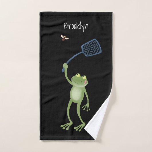 Funny green frog swatting fly cartoon bad handdoek (Handdoek)