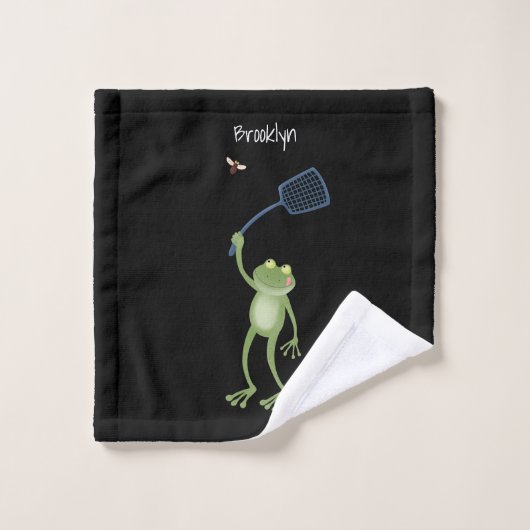 Funny green frog swatting fly cartoon bad handdoek (Wasdoekje)