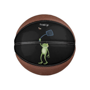 Funny green frog swatting fly cartoon basketbal