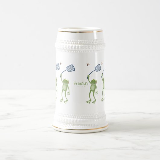 Funny green frog swatting fly cartoon bierpul (Center)
