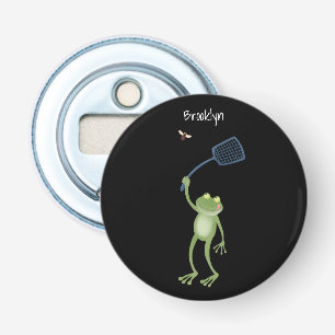Funny green frog swatting fly cartoon button flesopener