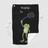 Funny green frog swatting fly cartoon golfhanddoek (Insitu)