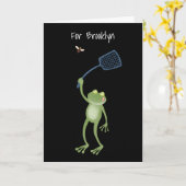 Funny green frog swatting fly cartoon kaart (Gele Bloem)