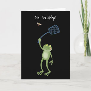 Funny green frog swatting fly cartoon kaart