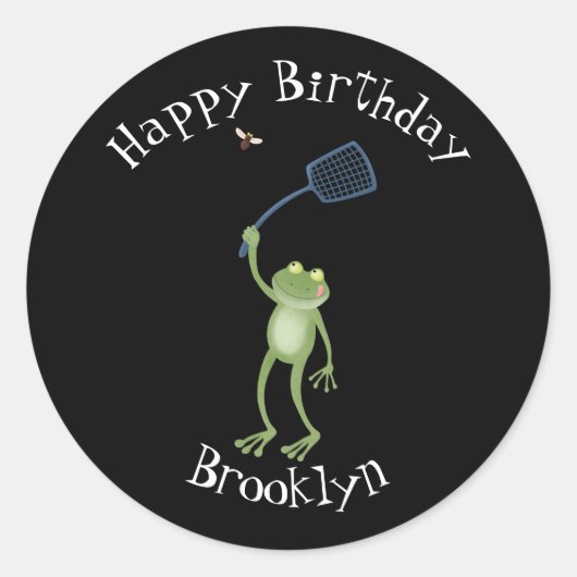 Funny green frog swatting fly cartoon klassiek ronde sticker (Voorkant)