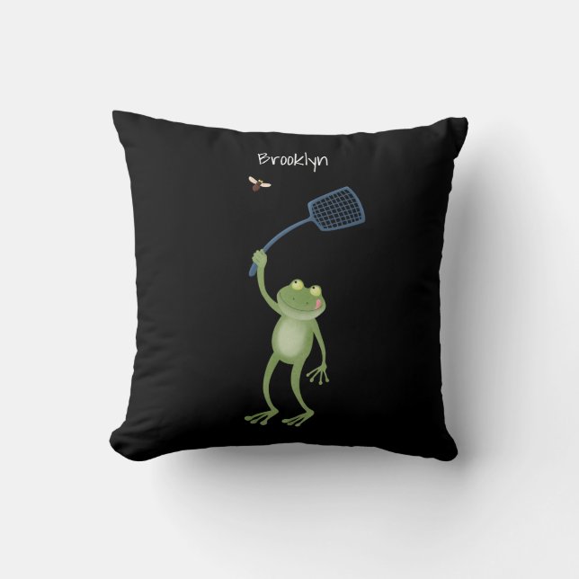Funny green frog swatting fly cartoon kussen (Voorkant)