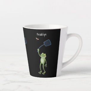 Funny green frog swatting fly cartoon latte mok