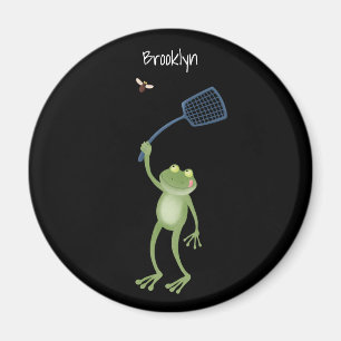 Funny green frog swatting fly cartoon magneet