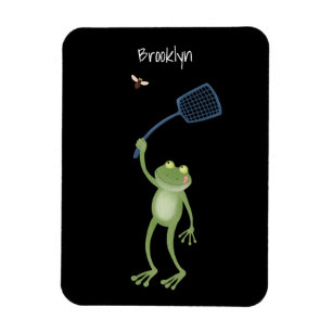 Funny green frog swatting fly cartoon magneet