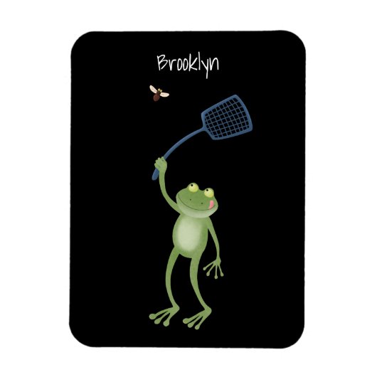 Funny green frog swatting fly cartoon magneet (Verticaal)