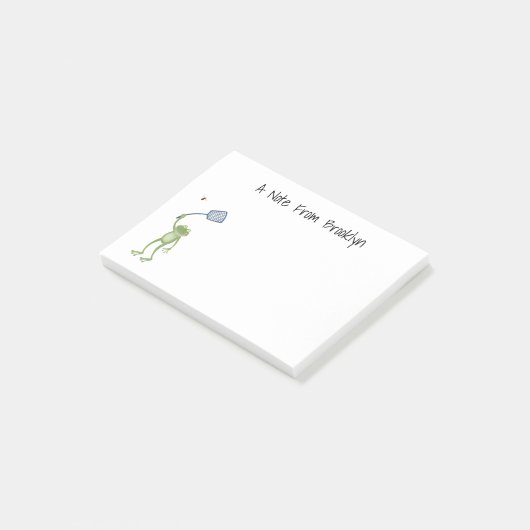 Funny green frog swatting fly cartoon post-it® notes (Schuin)