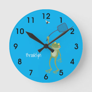 Funny green frog swatting fly cartoon  ronde klok