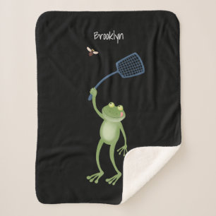 Funny green frog swatting fly cartoon sherpa deken