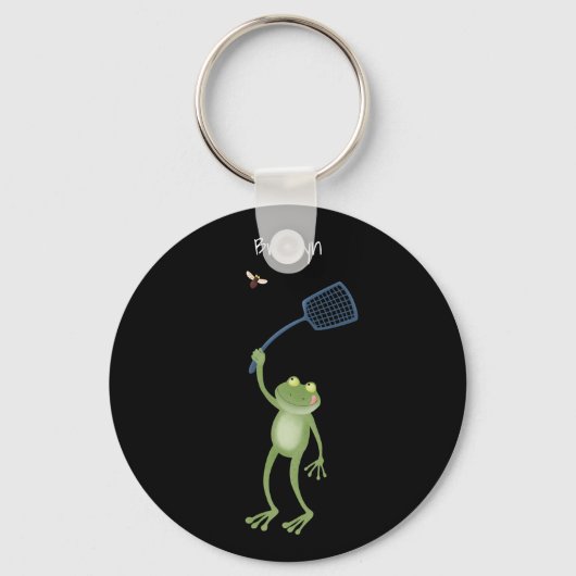 Funny green frog swatting fly cartoon sleutelhanger (Voorkant)