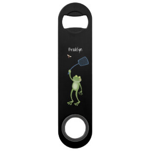 Funny green frog swatting fly cartoon speed flessenopener