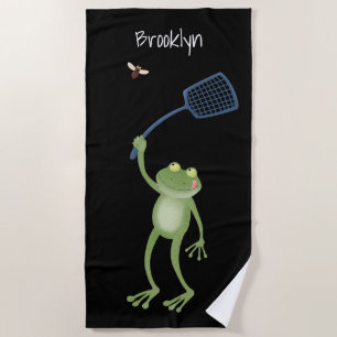 Funny green frog swatting fly cartoon strandlaken
