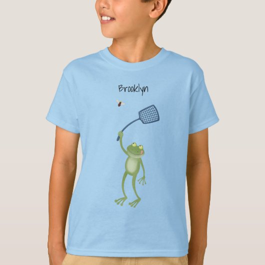 Funny green frog swatting fly cartoon t-shirt (Voorkant)