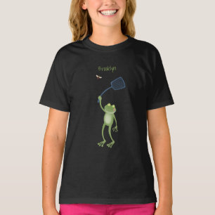 Funny green frog swatting fly cartoon t-shirt