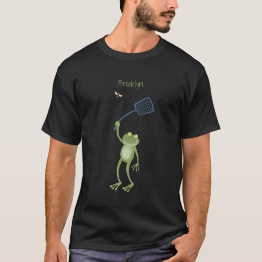 Funny green frog swatting fly cartoon t-shirt (Voorkant)