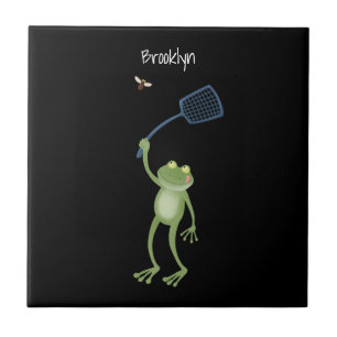Funny green frog swatting fly cartoon tegeltje