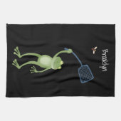 Funny green frog swatting fly cartoon theedoek (Horizontaal)