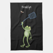 Funny green frog swatting fly cartoon theedoek (Verticaal)