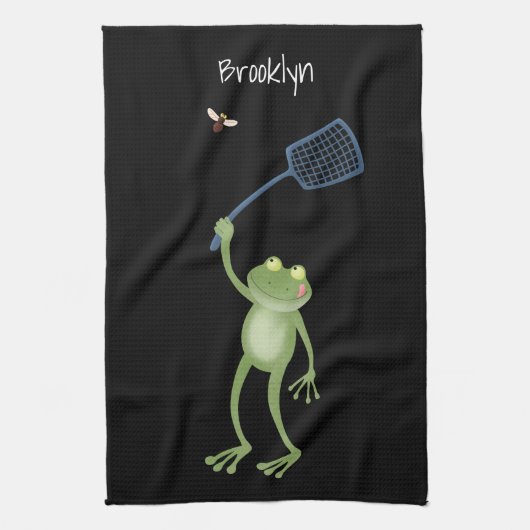 Funny green frog swatting fly cartoon theedoek (Verticaal)