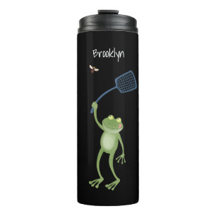 Funny green frog swatting fly cartoon thermosbeker
