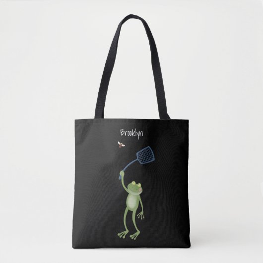 Funny green frog swatting fly cartoon tote bag (Voorkant)