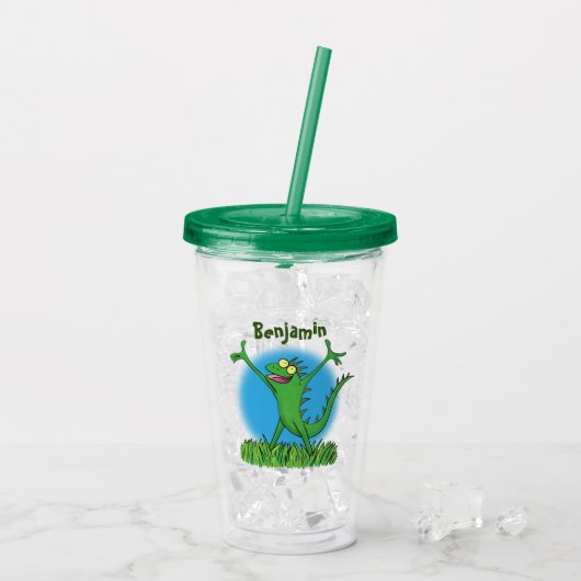 Funny green glimlach animated iguana lizard acryl drinkbeker (Achterkant ijs)
