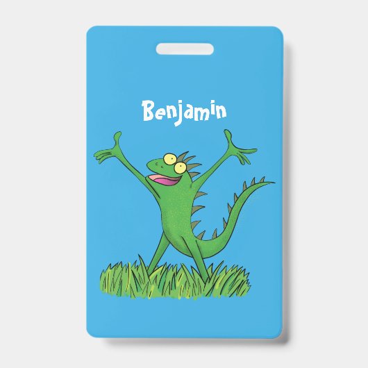Funny green glimlach animated iguana lizard badge (Voorkant)