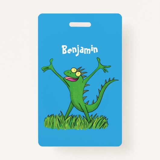 Funny green glimlach animated iguana lizard badge (Voorkant)