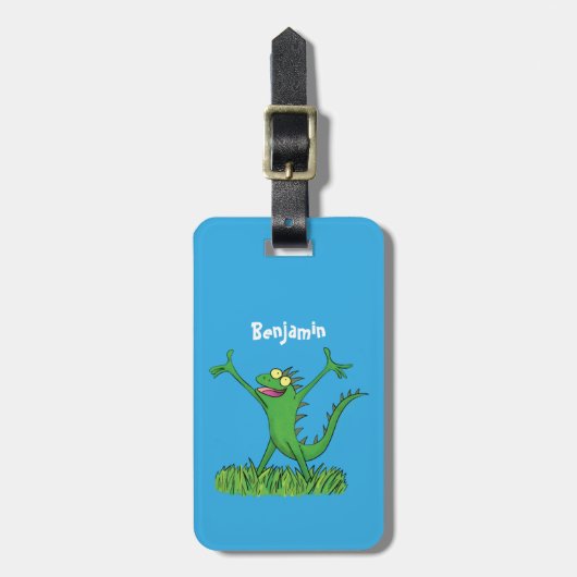 Funny green glimlach animated iguana lizard bagagelabel (Voorkant verticaal)