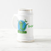Funny green glimlach animated iguana lizard bierpul (Voorkant links)