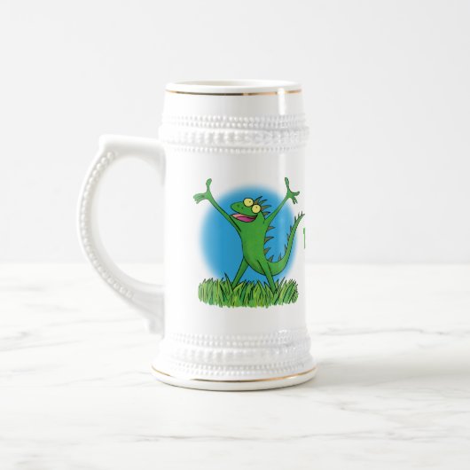 Funny green glimlach animated iguana lizard bierpul (Links)