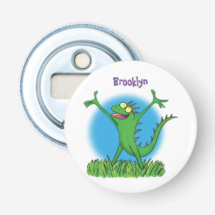 Funny green glimlach animated iguana lizard button flesopener