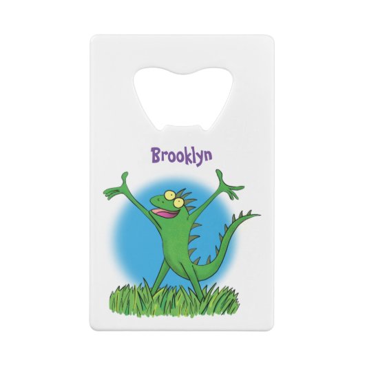 Funny green glimlach animated iguana lizard creditkaart flessenopener (Achterkant)