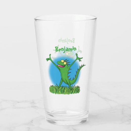 Funny green glimlach animated iguana lizard glas (Achterkant)