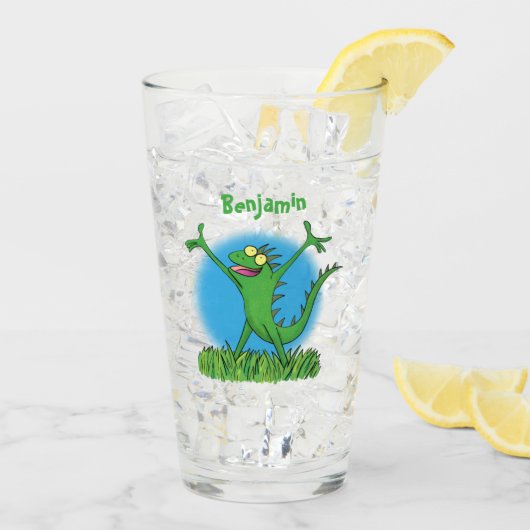 Funny green glimlach animated iguana lizard glas (Achterkant ijs)