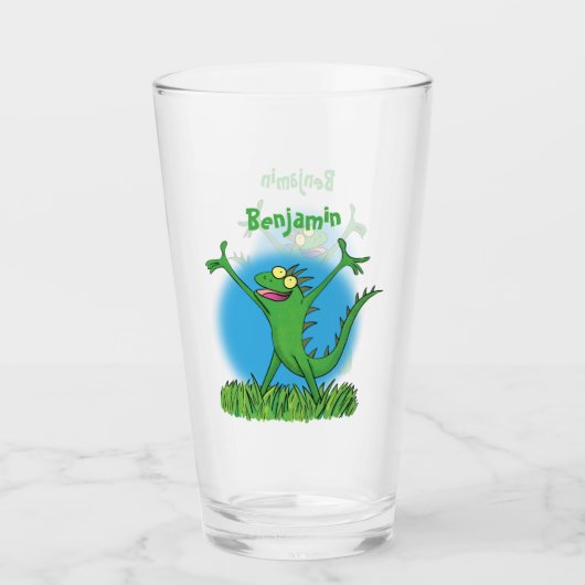 Funny green glimlach animated iguana lizard glas (Voorkant)